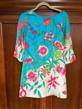 Julie Brown Bright Tropical Floral Tunic with Blue & Cream and pink size 4